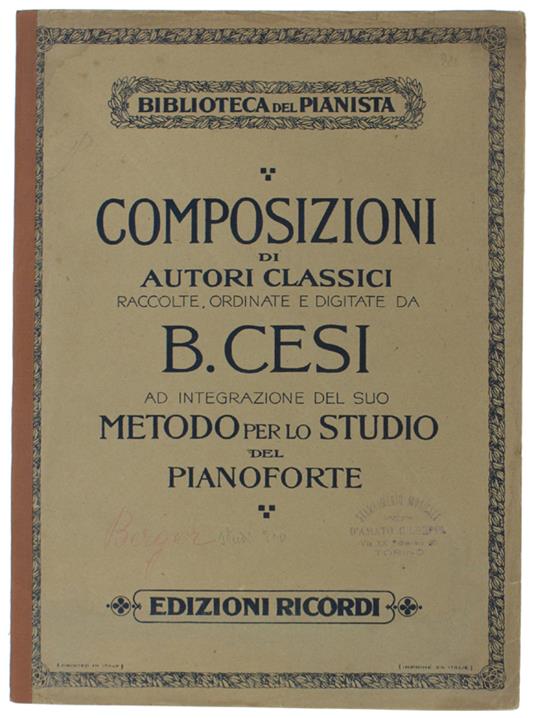 METODO PER LO STUDIO DEL PIANOFORTE. 12 studi delle Op. 12 e 23 di L. BERGER scelti e ordinati - Beniamino Cesi - copertina