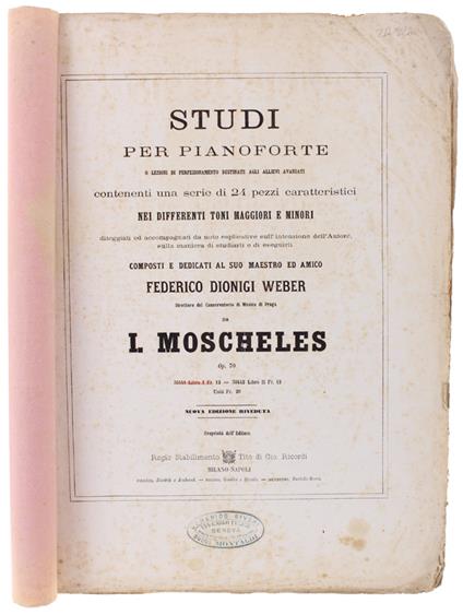 STUDI PER PIANOFORTE o lezioni di perfezionamento destinate agli allievi avanzati contenenti una serie di 24 pezzi caratteristici nei differenti toni maggiori e minori... dedicati a Federico Dionigi Weber. Libro I - copertina