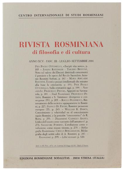 RIVISTA ROSMINIANA DI FILOSOFIA E DI CULTURA. Fasc. III/2001 - copertina