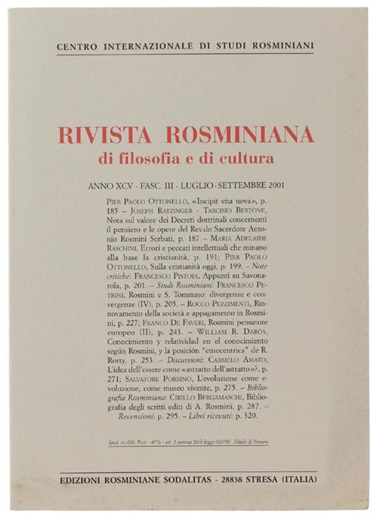 RIVISTA ROSMINIANA DI FILOSOFIA E DI CULTURA. Fasc. III/2001 - copertina