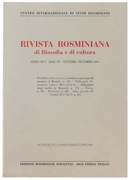 RIVISTA ROSMINIANA DI FILOSOFIA E DI CULTURA. Fasc. IV/2001 - copertina