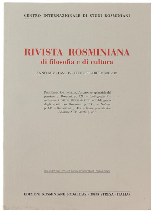 RIVISTA ROSMINIANA DI FILOSOFIA E DI CULTURA. Fasc. IV/2001 - copertina