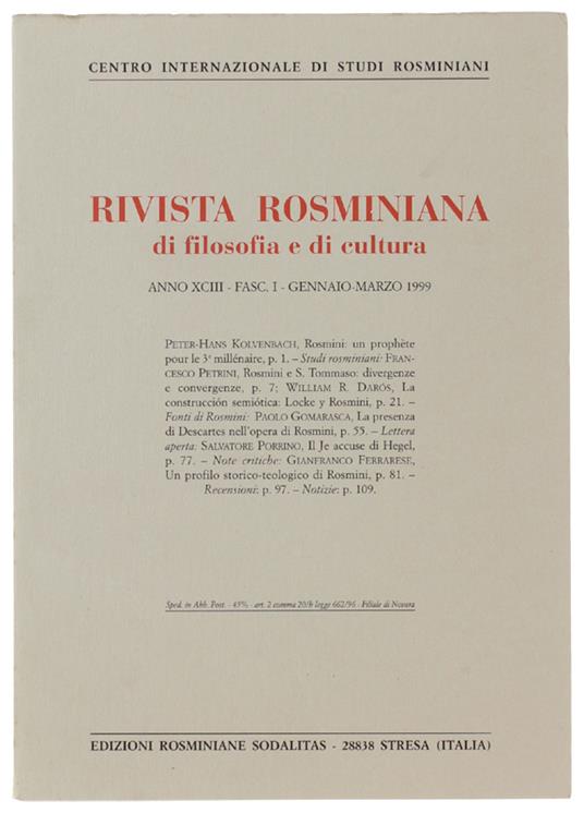 RIVISTA ROSMINIANA DI FILOSOFIA E DI CULTURA. Fasc. I/1999 - copertina