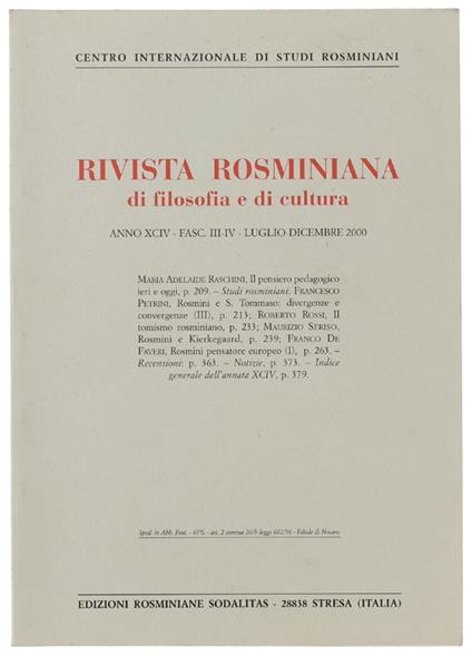 RIVISTA ROSMINIANA DI FILOSOFIA E DI CULTURA. Fasc.III-IV/2000 - Centro Internazionale Studi Rosminiani - copertina