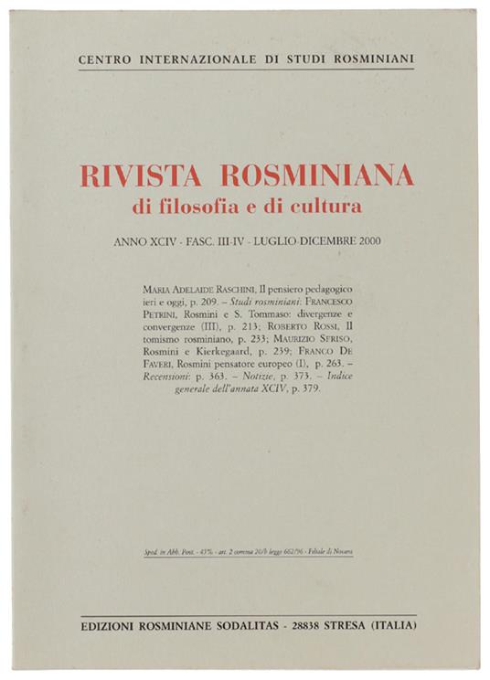 RIVISTA ROSMINIANA DI FILOSOFIA E DI CULTURA. Fasc.III-IV/2000 - Centro Internazionale Studi Rosminiani - copertina
