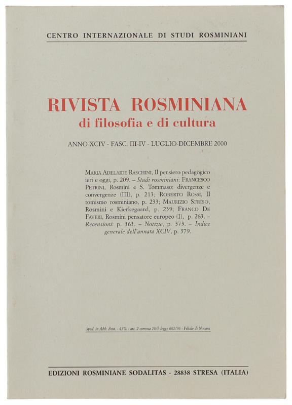 RIVISTA ROSMINIANA DI FILOSOFIA E DI CULTURA. Fasc.III-IV/2000 - Centro Internazionale Studi Rosminiani