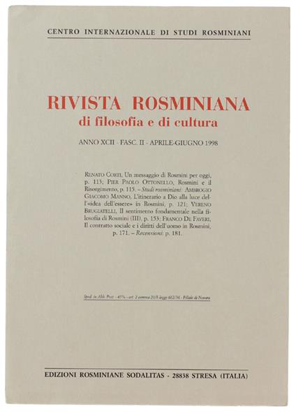 RIVISTA ROSMINIANA DI FILOSOFIA E DI CULTURA. Fasc. II/1998 - Centro Internazionale Studi Rosminiani - copertina