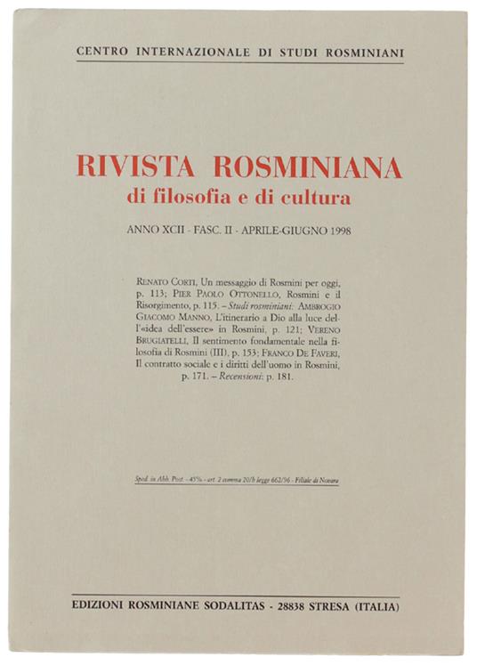 RIVISTA ROSMINIANA DI FILOSOFIA E DI CULTURA. Fasc. II/1998 - Centro Internazionale Studi Rosminiani - copertina