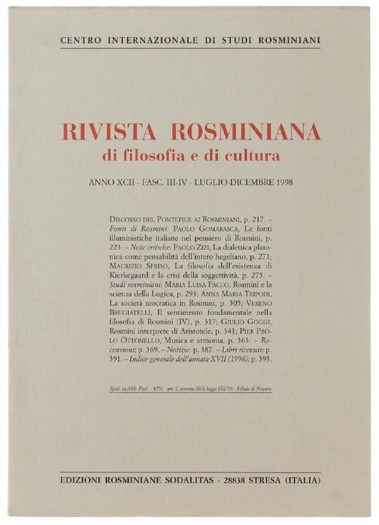 RIVISTA ROSMINIANA DI FILOSOFIA E DI CULTURA. Fasc.III-IV/1998 - Centro Internazionale Studi Rosminiani - copertina