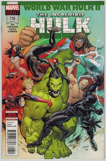 Incredible Hulk no. 716 Marvel Comics 2018 VF Greg Land Cover - copertina