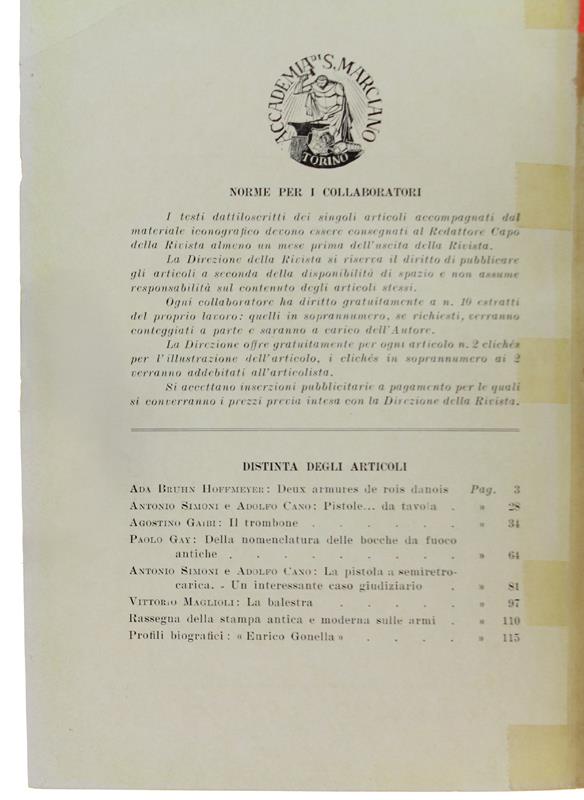ARMI ANTICHE 1955 Anno II - n. 1-2. Bollettino dell'Accademia di S. Marciano