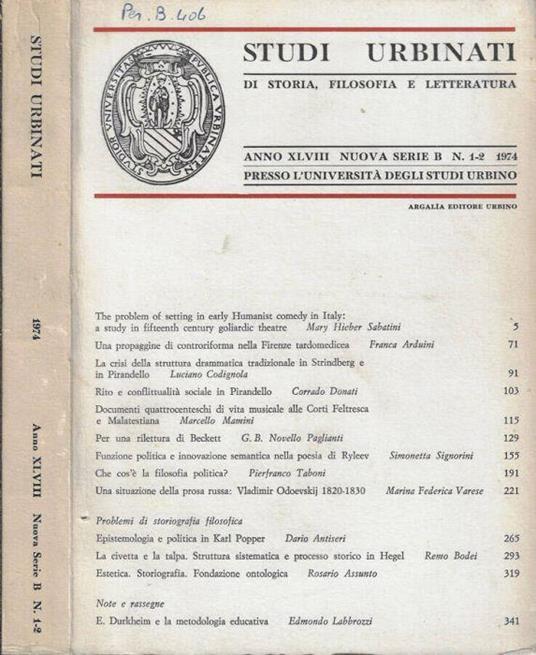 Studi urbinati di storia, filosofia e letteratura anno XLVIII 1974 nuova serie B N. 1-2 - Carlo Bo - copertina