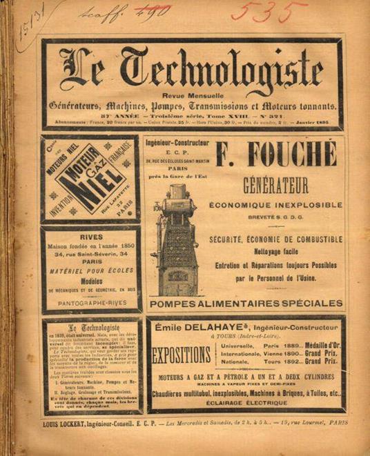 Le Technologiste. Revue mensuelle generateurs, machines, pompes, transmissions et moteurs tonnants. 57 année, III serie, tome XVIII, n.321, 322, 323, 324, 325, 326, 327, 328, 329, 330, 331, anno 1895 - copertina