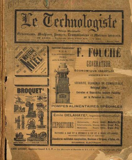 Le Technologiste. Revue mensuelle generateurs, machines, pompes, transmissions et moteurs tonnants. 58 année, III serie, tome XIX, n.333/343, anno 1896 - copertina