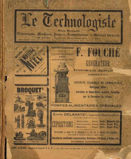 Le Technologiste. Revue mensuelle generateurs, machines, pompes, transmissions et moteurs tonnants. 58 année, III serie, tome XIX, n.333/343, anno 1896 - copertina