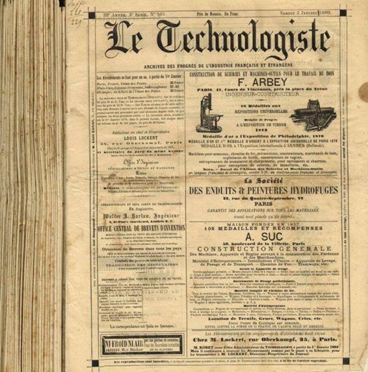 Le Technologiste. Archives des progres de l'industrie française et etrangere. 42 année, 1880, III serie, fasc.105/135, 138/154, 156, 1880 - copertina