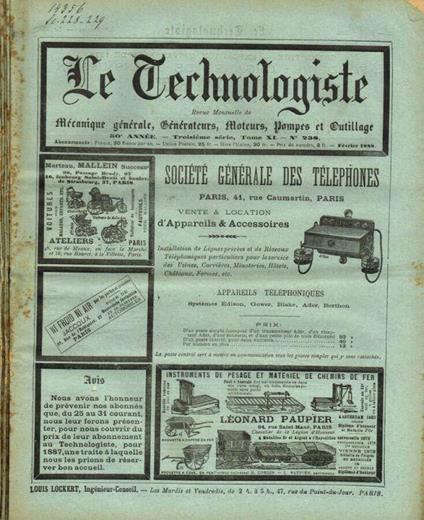 Le Technologiste. Revue mensuelle de mecanique generale, generateurs, moteurs, pompes et outillage. 50 année, III serie, tome XI, n.238, 239, 240, 241, 242, anno 1888 - copertina