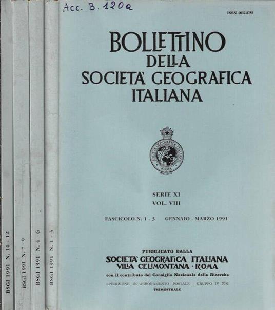 Bollettino della Società Geografica Italiana serie XI Vol. VIII Fascicolo 1-3, 4-6, 7-9, 10-12 1991 - copertina