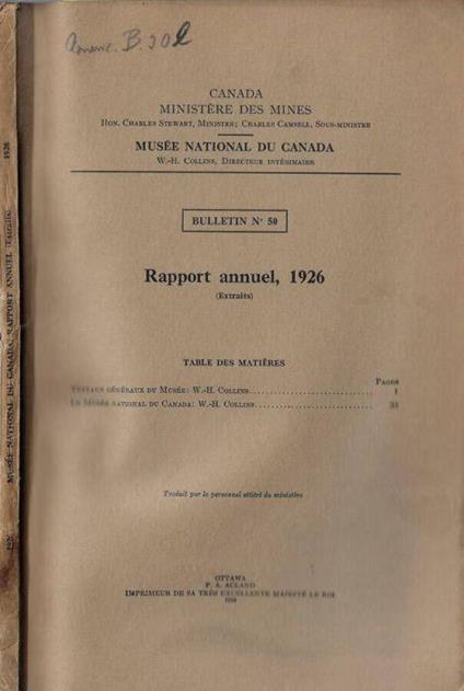 Rapport annuel, 1926 (extrait) - copertina