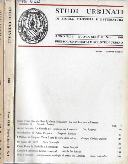 Studi urbinati di storia, filosofia e letteratura anno XLII 1968 nuova serie B N. 1, 2 - copertina