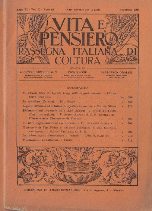 Vita e pensiero anno 1920 Fasc. 88 89 - copertina