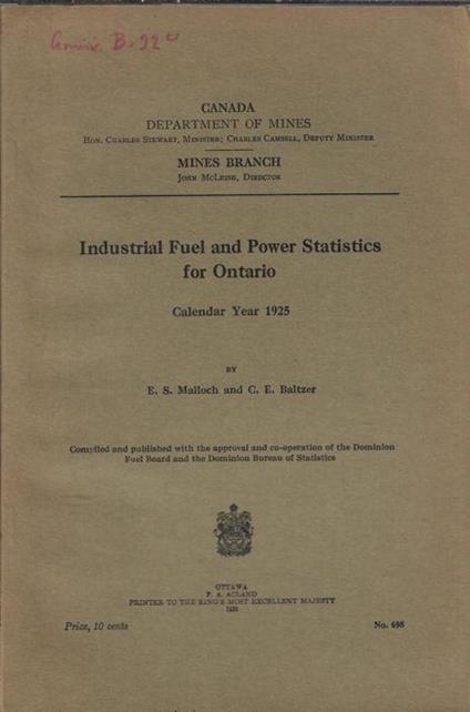 Industrial fuel and power statistics for Ontario - copertina