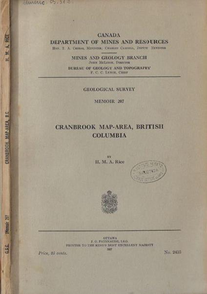 Cranbrook map-area, british Columbia - copertina