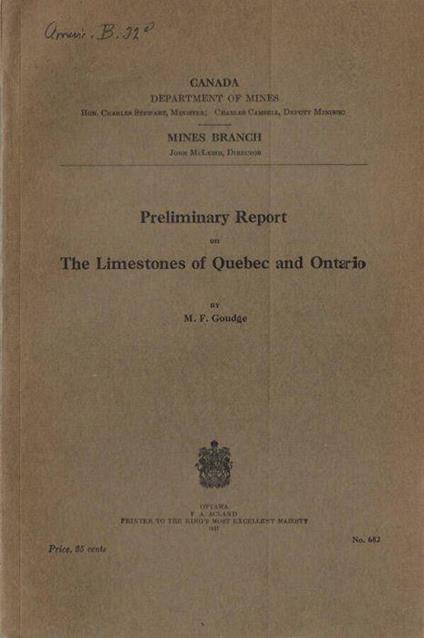 Preliminary Report on the Limestones of Quebec and Ontario - copertina