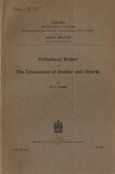 Preliminary Report on the Limestones of Quebec and Ontario - copertina