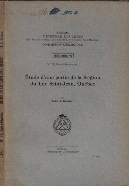 Etude d'une partie de la Région de Lac Saint-Jean, Québec - copertina