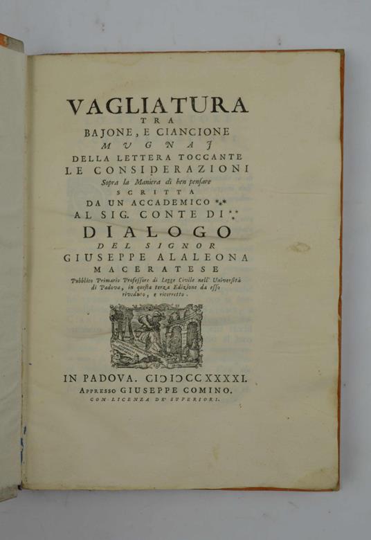Vagliatura tra Bajone, e Ciancione mugnaj dlle lettere toccante le considerazioni sopra la maniera di ben pensare… - copertina