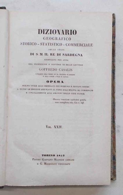 (Vercelli). Dizionario Geografico-Storico-Statistico-Commerciale degli stati di S.M. il Re di Sardegna. Vol. XXIV - Goffredo Casalis - copertina