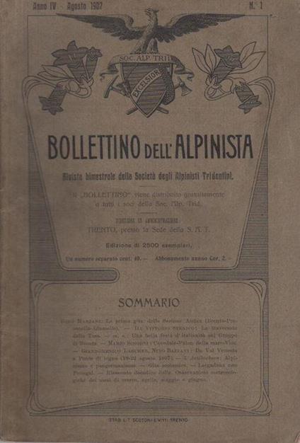 Bollettino dell’alpinista: rivista bimestrale della Società degli alpinisti tridentini: A. IV - N. 1 - agosto 1907 - copertina