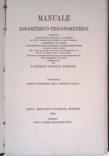 Manuale logaritmico-trigonometrico - Enrico Teofilo Köhler - copertina