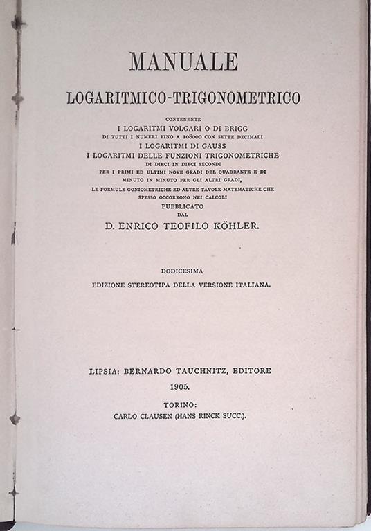 Manuale logaritmico-trigonometrico - Enrico Teofilo Köhler - copertina