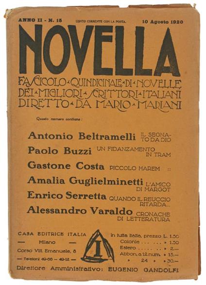 Novella. Fascicolo Quindicinale Di Novelle... Anno Ii - N. 15. 10 Agosto 1920 - copertina
