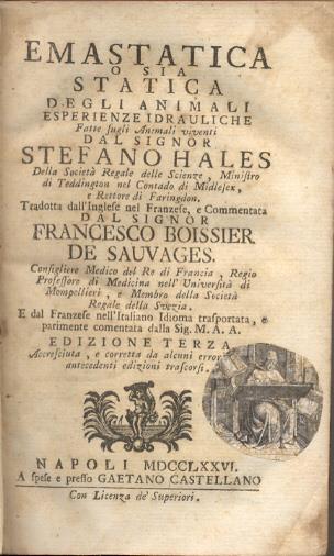 Emastatica o sia statica degli animali. esperienze idrauliche fatte sugli animali viventi - copertina