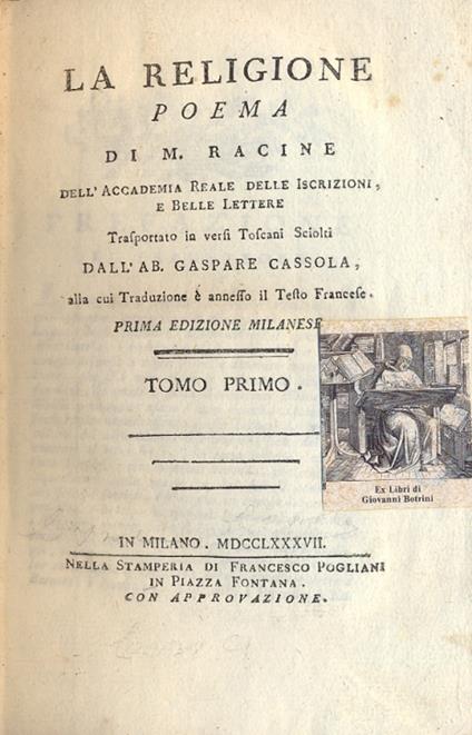 La religione. Poema trasportato in versi toscani sciolti da Gaspare Cassola alla cui traduzione è annesso il testo francese. Prima edizione milanese - copertina
