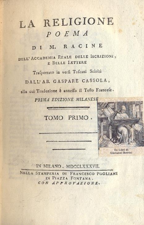 La religione. Poema trasportato in versi toscani sciolti da Gaspare Cassola alla cui traduzione è annesso il testo francese. Prima edizione milanese - copertina