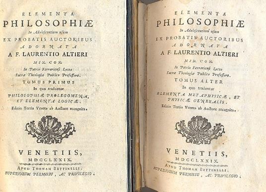 Elementa Philosophiae in adolescentium usum probatis auctoribus. Editio tertia veneta - copertina