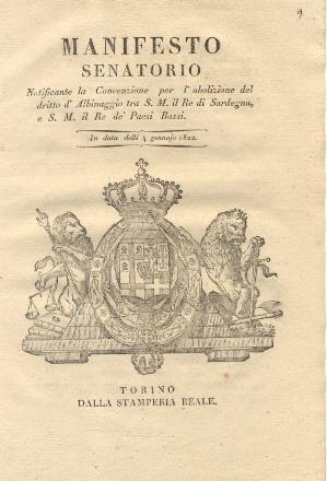 Manifesto Senatorio notificante la Convenzione per l'abolizione del diritto d'Albinaggio tra S.M. il Re di Sardegna , e S.M. il Re dei Paesi Bassi - copertina