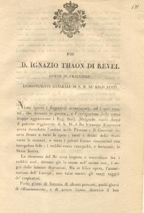 Manifesto di D. Ignazio Thaon di Revel col quale richiama all'osservanza le antecedenti Tariffe sui Dazj gabellari e sul prezzo de' generi di privativa e ne ordina l'esatto adempimento in tutte le provincie di terraferma ... 6 maggio 1821 - copertina