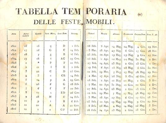 Tabella temporaria delle feste mobili per tutto il secolo XIX - copertina