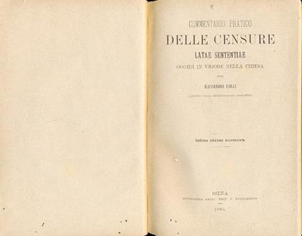 Commentario pratico delle censure, latae sententiae, oggidì in vigore nella chiesa - copertina