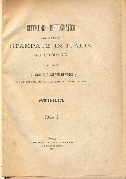 Repertorio bibliografico delle opere stampate in italia nel secolo XIX . Storia, vol. II - copertina