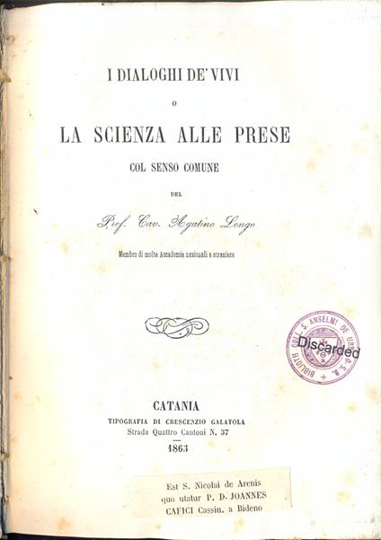 I dialoghi de' vivi o la scienza alle prese col senso comune - copertina