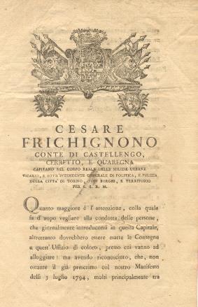 Disposizioni di Cesare Frichignono circa la consegna all'Uffizio di qualunque persona alloggiata in questa città - copertina