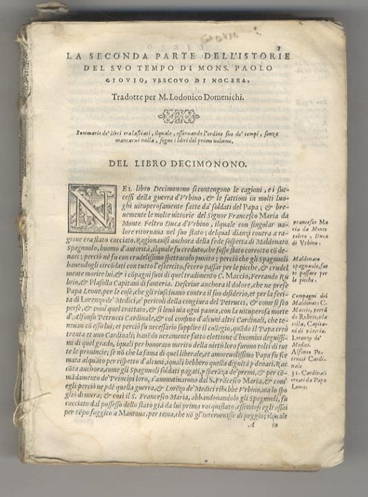 [Delle istorie di mons. Giovio. Seconda parte. Con una Selva di varia istoria, nella quale si ha notitia delle cose più rare, che sono state ricordate sommariamente dal Giovio. Et un'indice de' nomi antichi, e moderni delle città, castella, provincie - Paolo Giovio - copertina