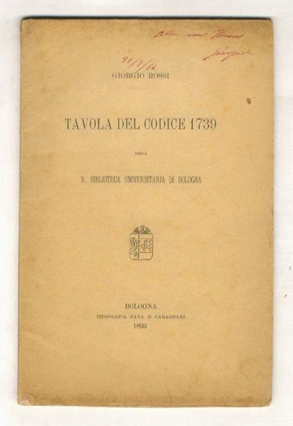 Tavola del codice 1739 della R. Biblioteca Universitaria di Bologna - Giorgio Rossi - copertina