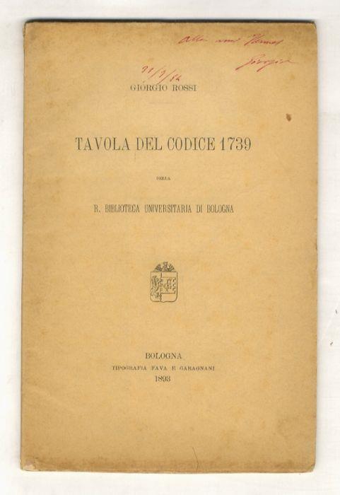 Tavola del codice 1739 della R. Biblioteca Universitaria di Bologna - Giorgio Rossi - copertina